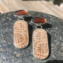 Load image into Gallery viewer, Coral and Dark Brown Sea Glass Earrings