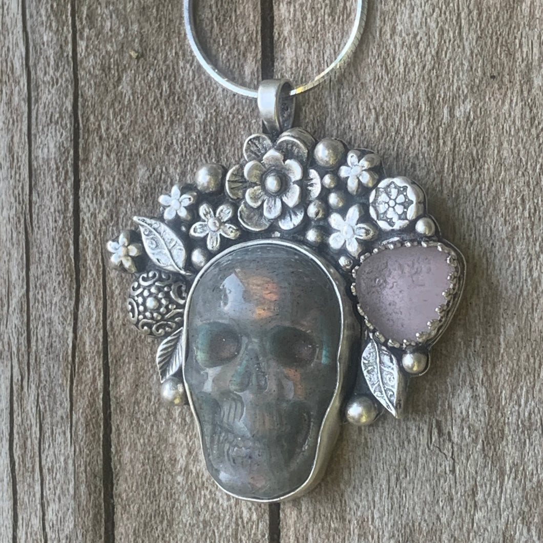Lavender Sea Glass and Labradorite Sugar Skull Pendant