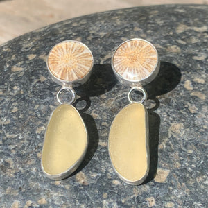 Coral and Pale Yellow Sea Glass Earrings