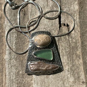 Coral, Pearl and Green Sea Glass Pendant