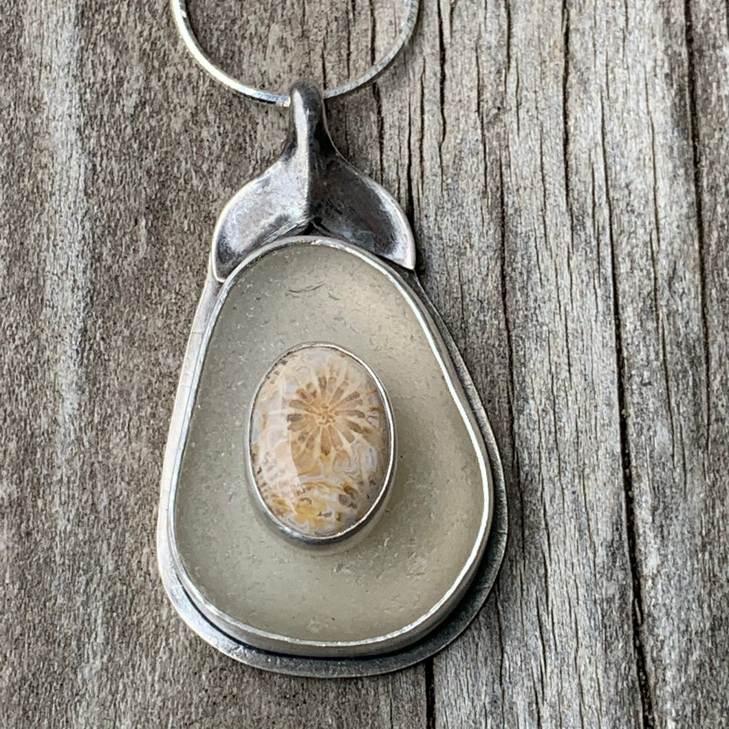 Fossilized Coral and Sea Glass Pendant
