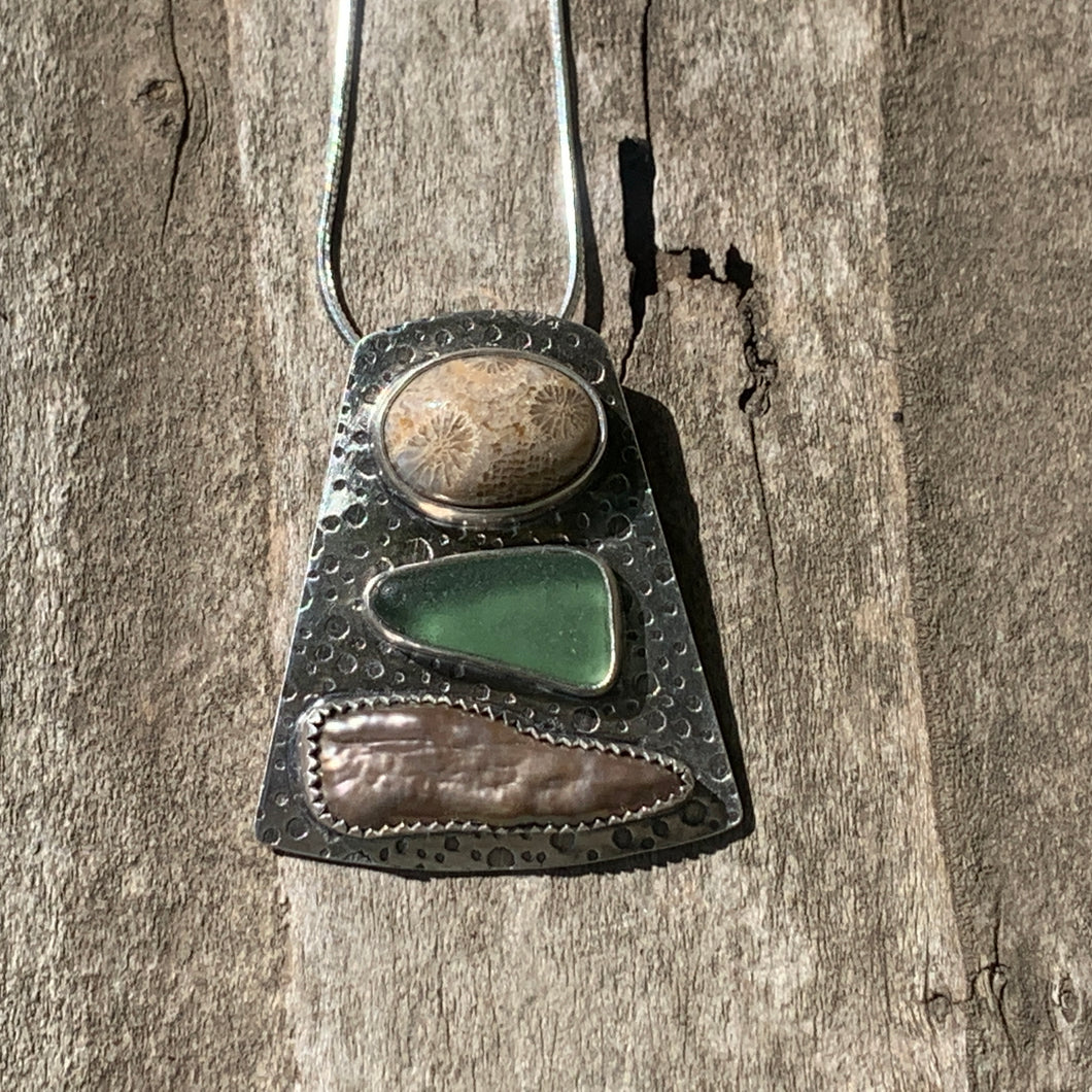 Coral, Pearl and Green Sea Glass Pendant