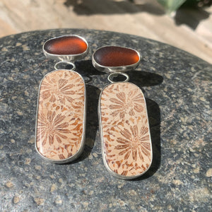 Coral and Dark Brown Sea Glass Earrings